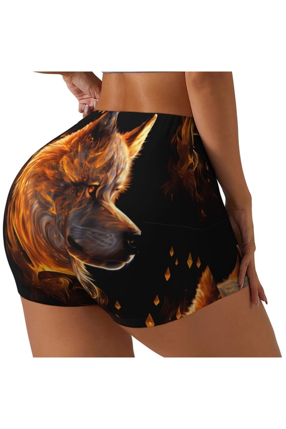 Gold Flame Pattern Wolf Print Women's Biker Shorts,Workout Gym Shorts,Scrunch Shorts,Tummy Control Hidden Scrunch Running Yoga Shorts-Medium