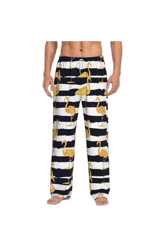Gold Flamingo Print Pajama Pants for Men,Men’s Pajama Bottoms,Mens PJ Pants with Pockets & Button Fly-Medium