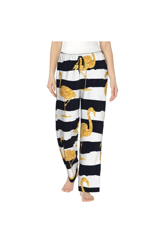 Gold Flamingo Print Women Pajama Pants,Comfy Pj Bottom with Pockets & Drawstring,Stretch Casual Sleepwear-Medium