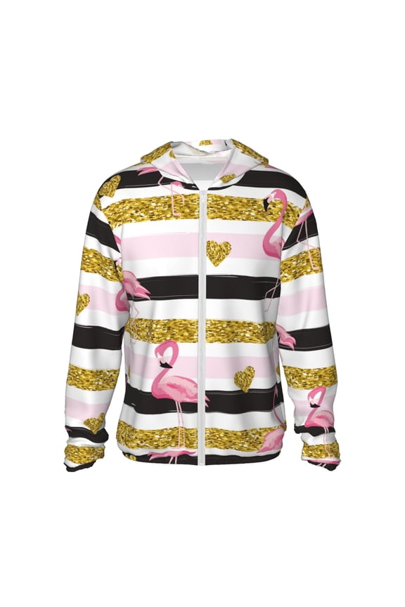 Gold Glittering Hearts and Flamingos Print Men's Women Light Jacket Full Zip Sun Protection Hoodie Long Sleeve Sun Shirts for Men Hiking Fishing Zip Pockets-Small