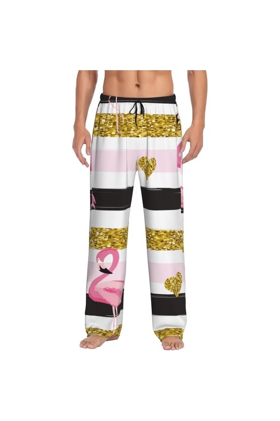 Gold Glittering Hearts and Flamingos Print Pajama Pants for Men,Men’s Pajama Bottoms,Mens PJ Pants with Pockets & Button Fly-3X-Large