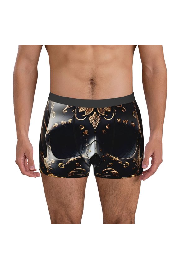 Gold Pattern Black Skull Print Mens Boxer Briefs,Boxer Briefs for Men,Breathable Stretch Underwear,Boys Boxer Briefs-Large