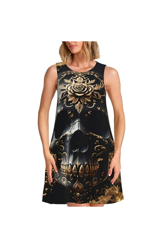 Gold Pattern Black Skull Print Summer Dresses for Women,Beach Sleeveless Flowy Pocket Tshirt Tank Sundresses,Women's Sleeveless Dress