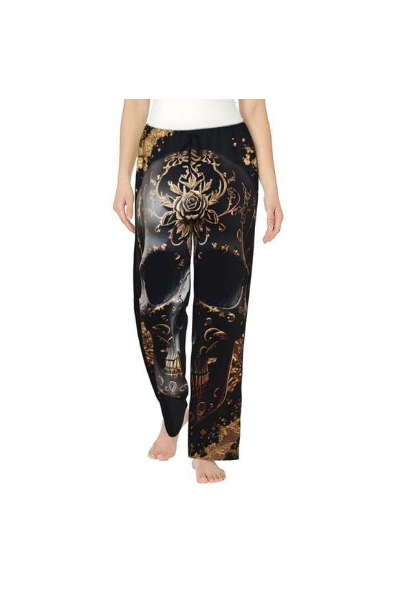 Gold Pattern Black Skull Print Women Pajama Pants,Comfy Pj Bottom with Pockets & Drawstring,Stretch Casual Sleepwear-Large