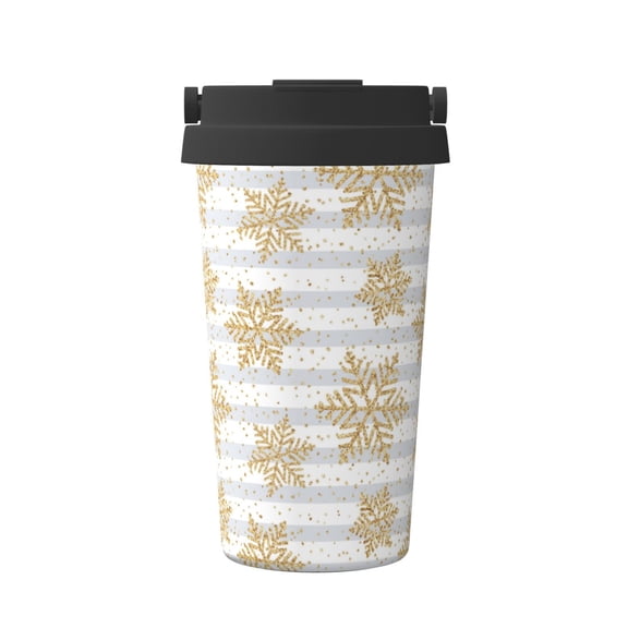 Logiee Gold Snowflake Print Stainless Steel Coffee Tumbler, Travel Coffee Mug, Insulated Coffee Mug with Lid, Spill Proof Coffee Cup, Portable Thermal Mug