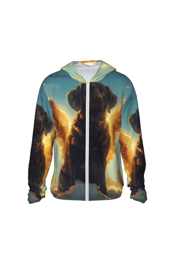 Golden Cloud Winged Dog Print Men's Women Light Jacket Full Zip Sun Protection Hoodie Long Sleeve Sun Shirts for Men Hiking Fishing Zip Pockets-Large