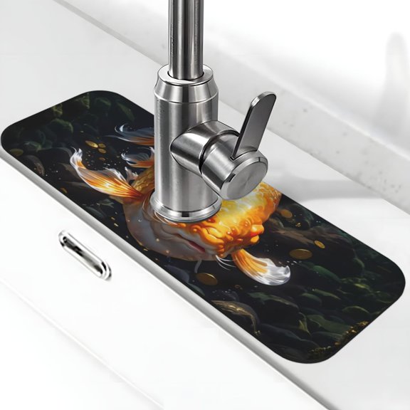 Logiee Golden Koi And Treasure Print Kitchen Sink Splash Guard Faucet Mat for Splash Guard Behind Faucet Drip Catcher for Kitchen,Bathroom,Sink Mat,Dish Drying Mat,Bathroom-15" X 5.5"
