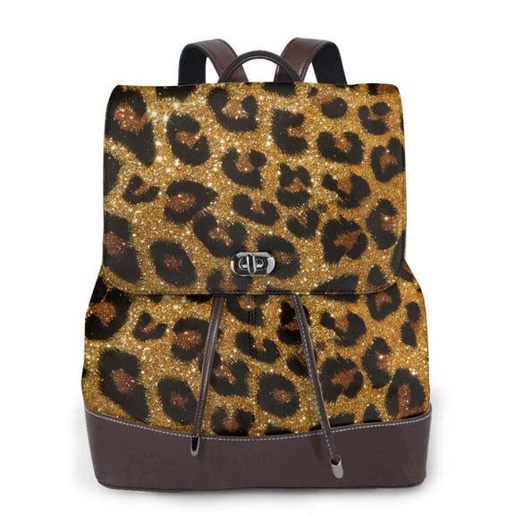 Logiee Golden Leopard Glitter Print Backpack Purse for Women,Fashion Leather Backpack Purse,Women's Leather Backpack for Work College Travel