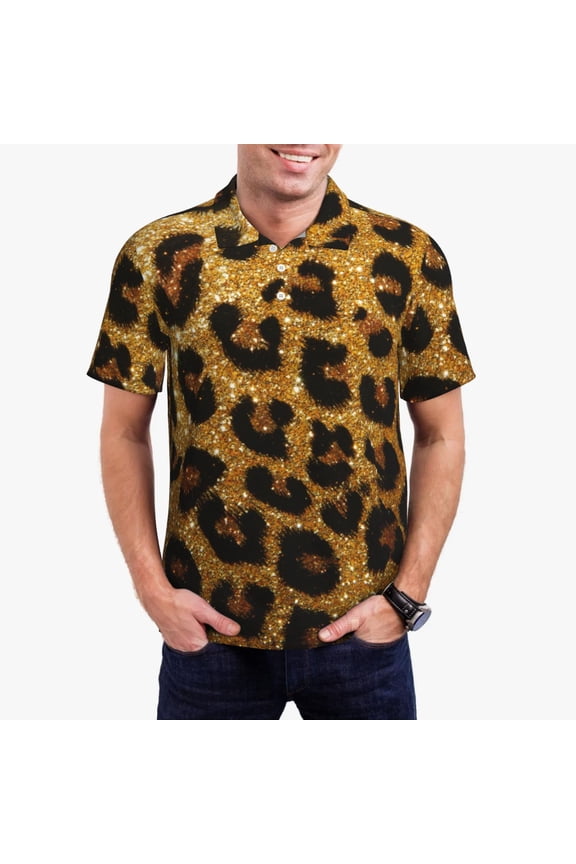 Golden Leopard Glitter Print Mens Polo Shirts,Mens Golf Polo Shirts,Short Sleeve Casual Polo Shirts for Men,Summer Fashion Beach Shirts-3X-Large