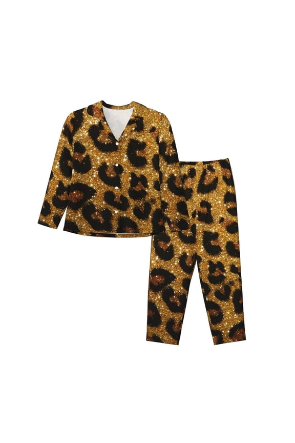 Golden Leopard Glitter Print Womens Pajamas Set,Long Sleeve Sleepwear,Button Down Lounge Set 2 Pieces,Soft Nightwear Pjs Set-Medium