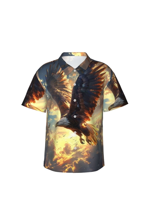 Golden Sky Bald Eagle Print Mens Hawaiian Shirts,Loose-Fit Short Sleeve Button Down Tropical Aloha Beach Shirt,Summer Vacation Wedding Tops,X-Large