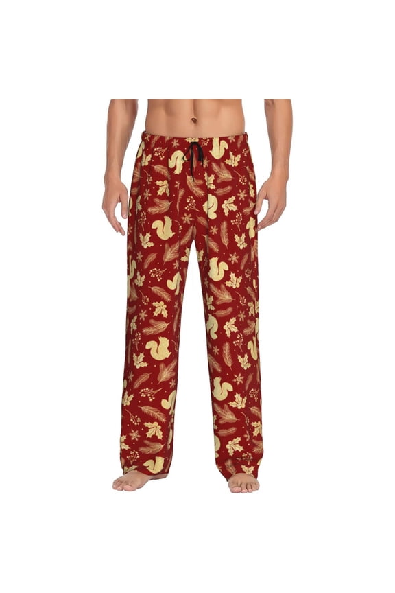 Golden Squirrels Holiday Print Pajama Pants for Men,Men’s Pajama Bottoms,Mens PJ Pants with Pockets & Button Fly-Large