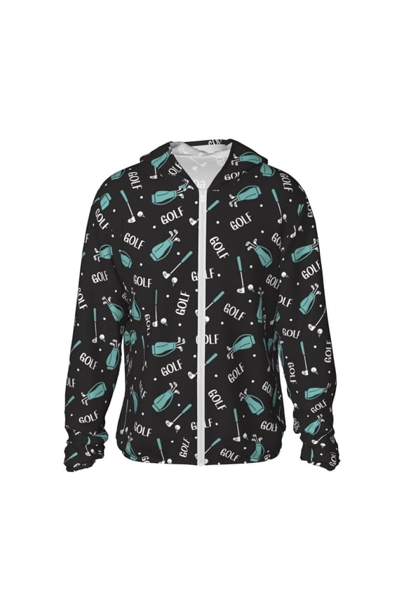 Golf Bags And Balls Print Men's Women Light Jacket Full Zip Sun Protection Hoodie Long Sleeve Sun Shirts for Men Hiking Fishing Zip Pockets-Medium