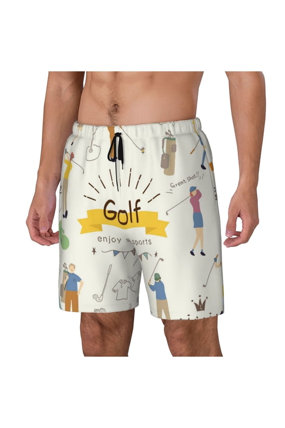 Golf Icons And Golfer Print Men's Swim Trunk,Quick Dry Board Shorts ,Men's Swim Trunks with Compression Liner, Bathing Suits with Pockets-Large