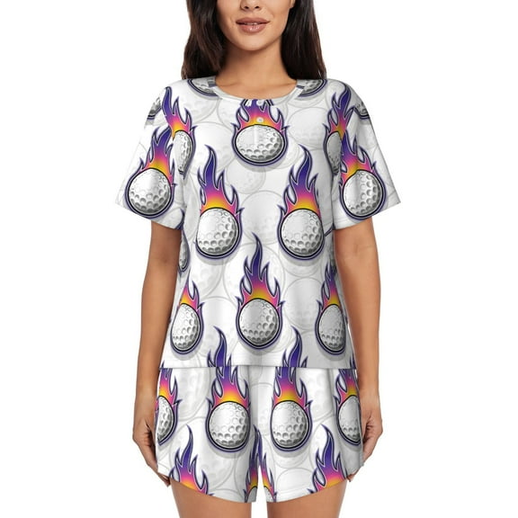 Logiee Golf balls Print Womens Pajamas Set,Short-Sleeve Pajama 2 Piece Sleepwear with Pockets-Small