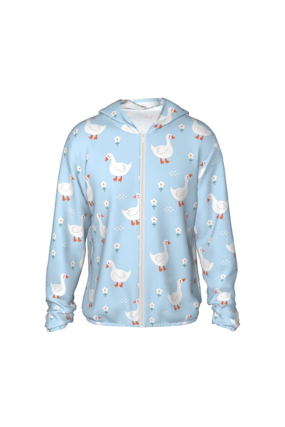 Goose White Flowers Print Men's Women Light Jacket Full Zip Sun Protection Hoodie Long Sleeve Sun Shirts for Men Hiking Fishing Zip Pockets-Medium