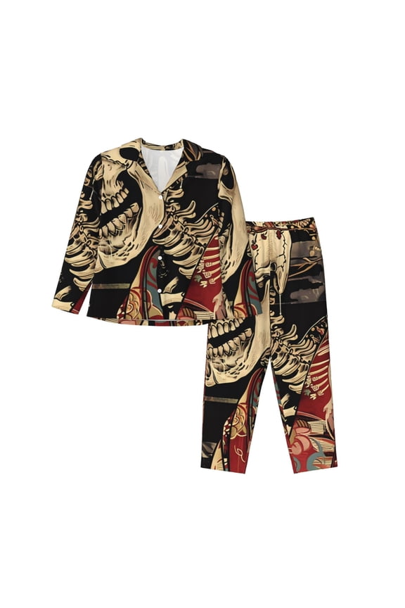 Gothic Eastern Floral Skull Print Womens Pajamas Set,Long Sleeve Sleepwear,Button Down Lounge Set 2 Pieces,Soft Nightwear Pjs Set-Large