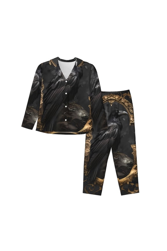 Gothic Raven Portrait Print Womens Pajamas Set,Long Sleeve Sleepwear,Button Down Lounge Set 2 Pieces,Soft Nightwear Pjs Set-Small