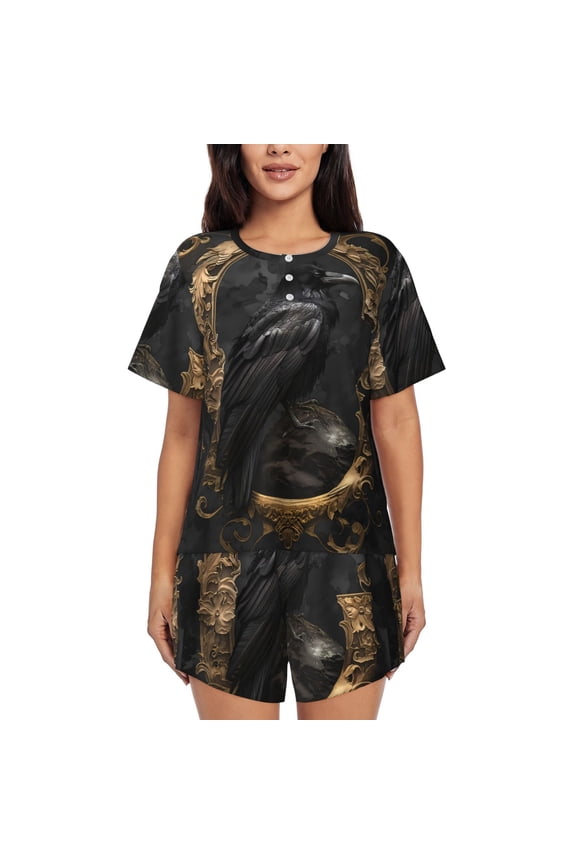 Gothic Raven Portrait Print Womens Pajamas Set,Short-Sleeve Pajama 2 Piece Sleepwear with Pockets-Large
