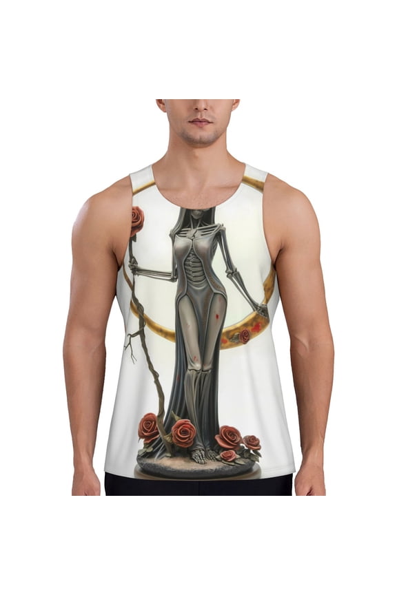 Gothic Skeleton With Roses Print Men's Workout Tank Top,Quick Dry Workout Tank Top,Gym Muscle Tee,Fitness Bodybuilding Sleeveless T Shirt-Small