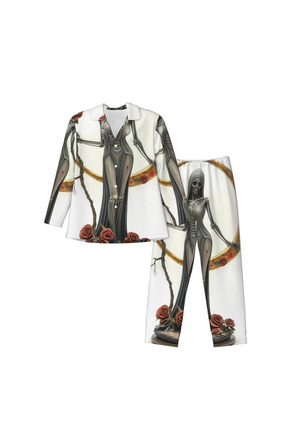 Gothic Skeleton With Roses Print Mens Long Sleeve Pajama Set,Notched Collar Pajamas for Men, Men's Sleepwear,Mens Sleepwear with Pockets & Button Down-XX-Large