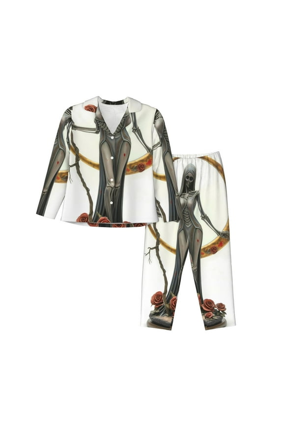 Gothic Skeleton With Roses Print Womens Pajamas Set,Long Sleeve Sleepwear,Button Down Lounge Set 2 Pieces,Soft Nightwear Pjs Set-