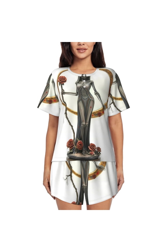 Gothic Skeleton With Roses Print Womens Pajamas Set,Short-Sleeve Pajama 2 Piece Sleepwear with Pockets-Small
