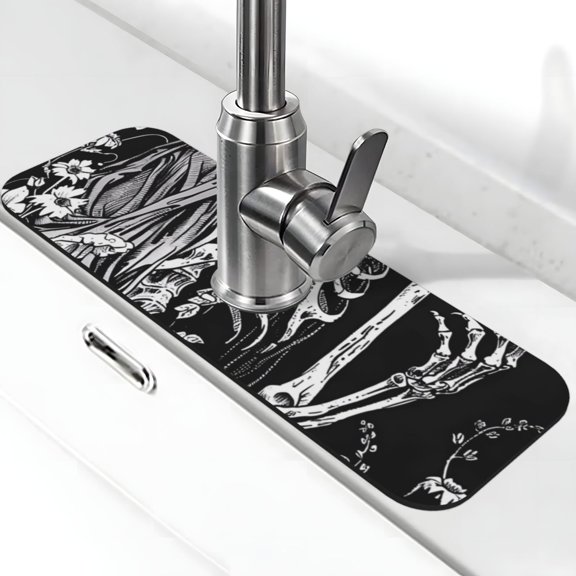 Logiee Gothic Skull Floral Art Print Kitchen Sink Splash Guard Faucet Mat for Splash Guard Behind Faucet Drip Catcher for Kitchen,Bathroom,Sink Mat,Dish Drying Mat,Bathroom-15" X 5.5"