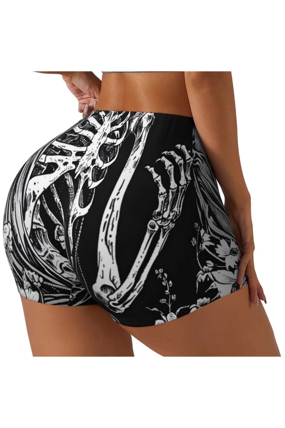 Gothic Skull Floral Art Print Women's Biker Shorts,Workout Gym Shorts,Scrunch Shorts,Tummy Control Hidden Scrunch Running Yoga Shorts-Large