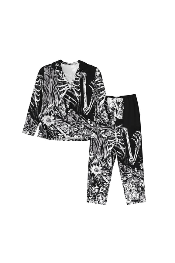 Gothic Skull Floral Art Print Womens Pajamas Set,Long Sleeve Sleepwear,Button Down Lounge Set 2 Pieces,Soft Nightwear Pjs Set-Medium