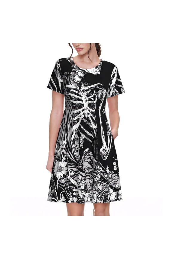 Gothic Skull Floral Art Print Womens Summer Dress,Casual Short Sleeve Sundresses,Beach A-line Shift Dress with Pockets