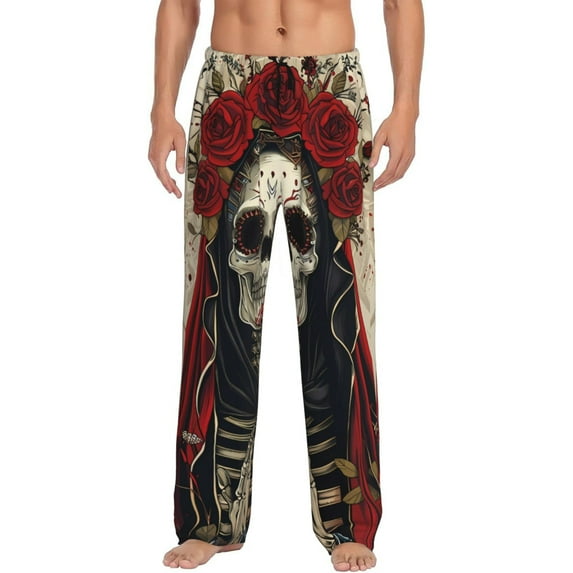 Logiee Gothic Skull With Roses Print Pajama Pants for Men,Men’s Pajama Bottoms,Mens PJ Pants with Pockets & Button Fly-3X-Large