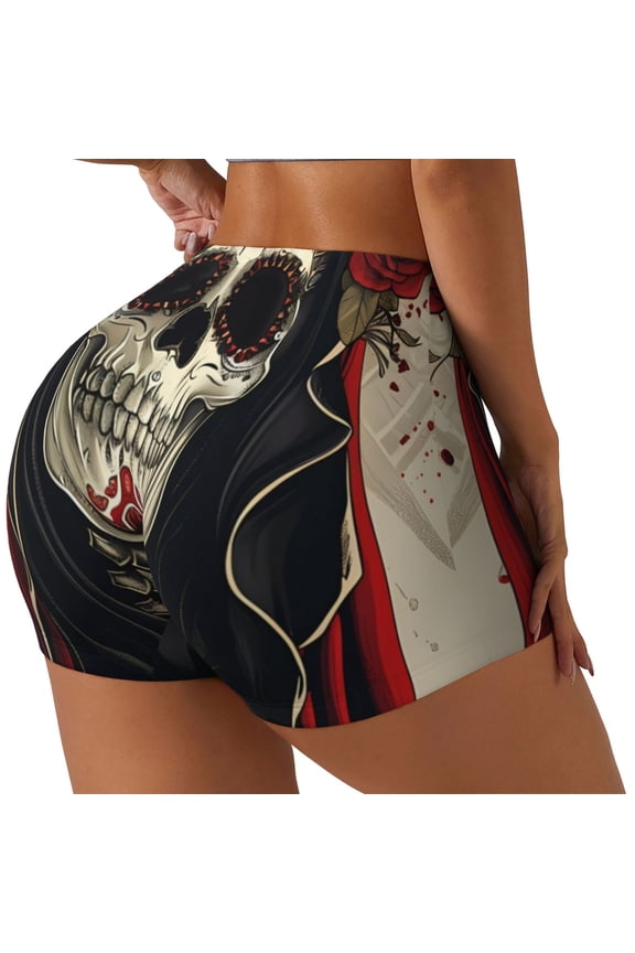 Gothic Skull With Roses Print Women's Biker Shorts,Workout Gym Shorts,Scrunch Shorts,Tummy Control Hidden Scrunch Running Yoga Shorts-Medium