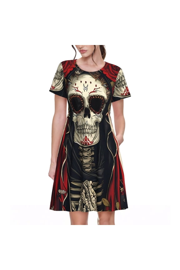 Gothic Skull With Roses Print Womens Summer Dress,Casual Short Sleeve Sundresses,Beach A-line Shift Dress with Pockets