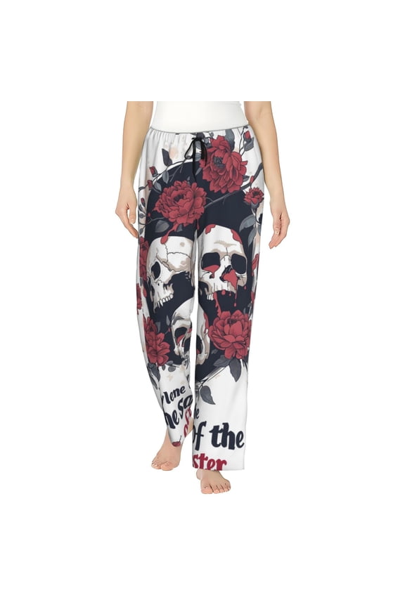 Gothic Skulls And Roses Print Women Pajama Pants,Comfy Pj Bottom with Pockets & Drawstring,Stretch Casual Sleepwear-Small