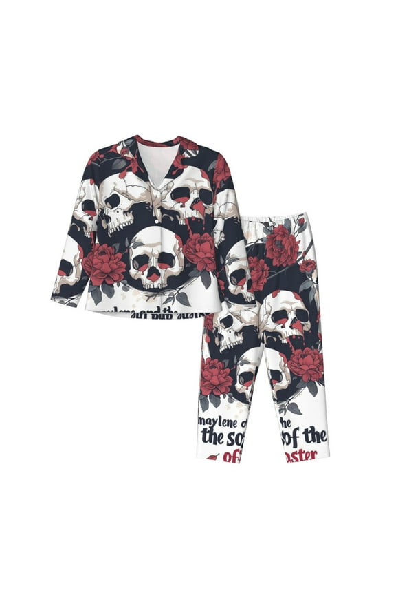 Gothic Skulls And Roses Print Womens Pajamas Set,Long Sleeve Sleepwear,Button Down Lounge Set 2 Pieces,Soft Nightwear Pjs Set-