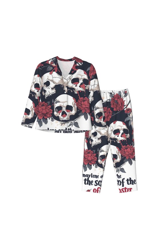 Gothic Skulls And Roses Print Womens Pajamas Set,Long Sleeve Sleepwear,Button Down Lounge Set 2 Pieces,Soft Nightwear Pjs Set-XX-Large