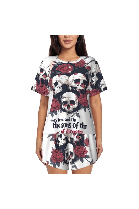 Gothic Skulls And Roses Print Womens Pajamas Set,Short-Sleeve Pajama 2 Piece Sleepwear with Pockets-Small