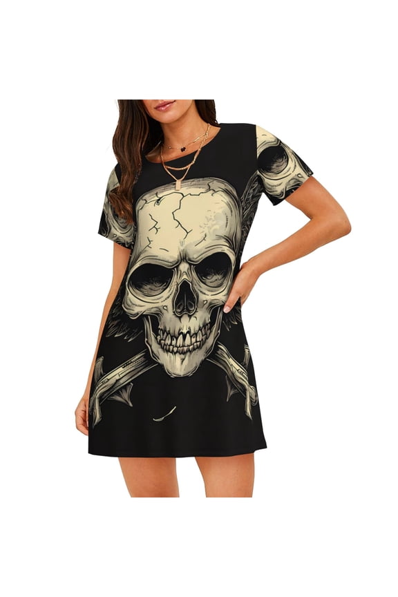 Gothic Winged Skull Print Nightgowns for Women,Soft Short-Sleeved Lightweight Sleepwear, Loose Sleepshirts
