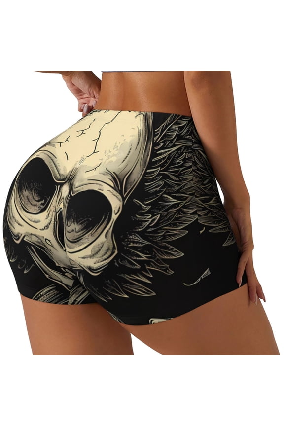 Gothic Winged Skull Print Women's Biker Shorts,Workout Gym Shorts,Scrunch Shorts,Tummy Control Hidden Scrunch Running Yoga Shorts-Large