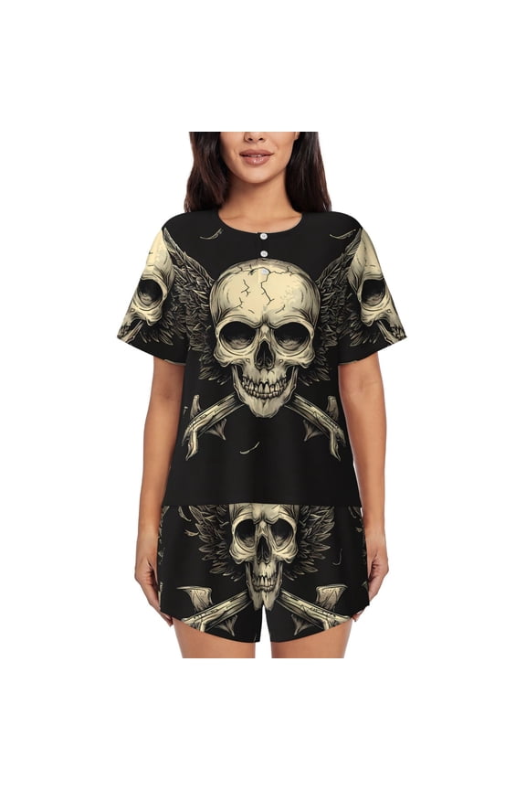 Gothic Winged Skull Print Womens Pajamas Set,Short-Sleeve Pajama 2 Piece Sleepwear with Pockets-Medium