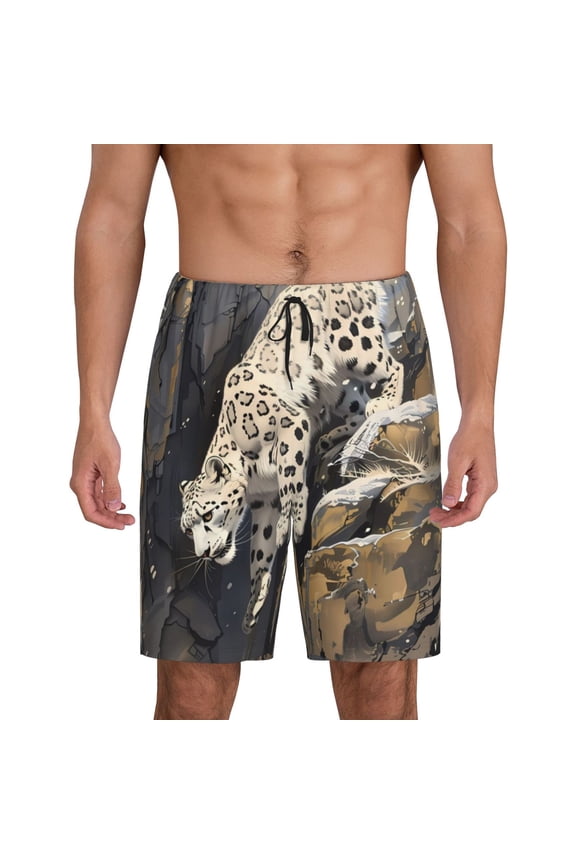 Graceful Snow Leopard Print Men's Pajama Shorts with Drawstring & Pockets,Sleep Shorts for Men,Sleepwear Bottoms,Elastic Waistband Loungewear-Small