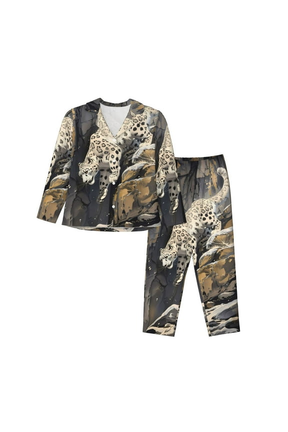 Graceful Snow Leopard Print Womens Pajamas Set,Long Sleeve Sleepwear,Button Down Lounge Set 2 Pieces,Soft Nightwear Pjs Set-XX-Large