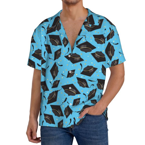 Logiee Graduation Hats2 Print Men's Button Down Shirts Short Sleeve, Summer Beach Shirts,Vacation Wedding Shirts,Men's Casual Button-Down Shirts with Pocket-Large