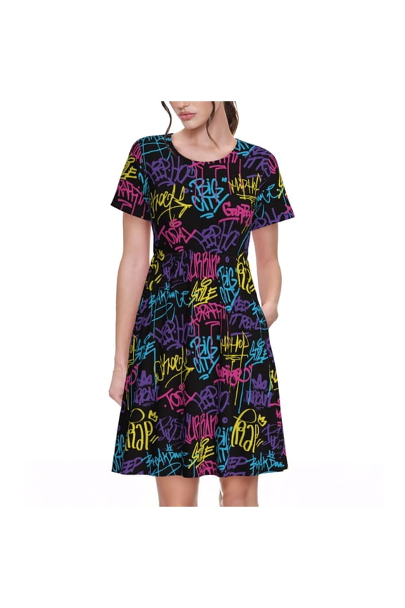 Graffiti Art Print Womens Summer Dress,Casual Short Sleeve Sundresses,Beach A-line Shift Dress with Pockets
