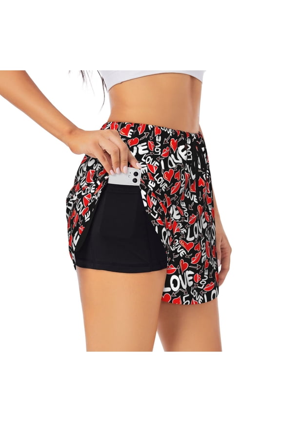 Graffiti Valentine Day Print Women 2 in 1 Running Shorts,High Waisted Athletic Shorts,Gym Workout Shorts with Liner Pockets-X-Large