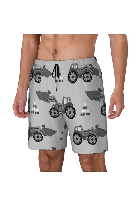 Gray Tractor Print Men's Swim Trunk,Quick Dry Board Shorts ,Men's Swim Trunks with Compression Liner, Bathing Suits with Pockets-Medium