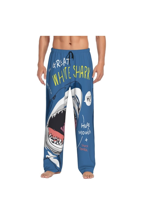 Great White Shark Print Pajama Pants for Men,Men’s Pajama Bottoms,Mens PJ Pants with Pockets & Button Fly-Large
