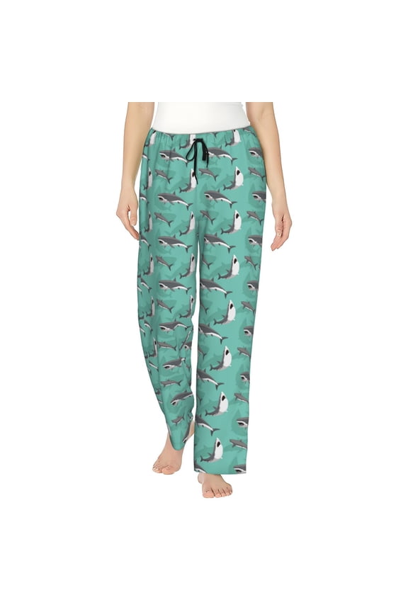 Great White Shark Print Women Pajama Pants,Comfy Pj Bottom with Pockets & Drawstring,Stretch Casual Sleepwear-Large