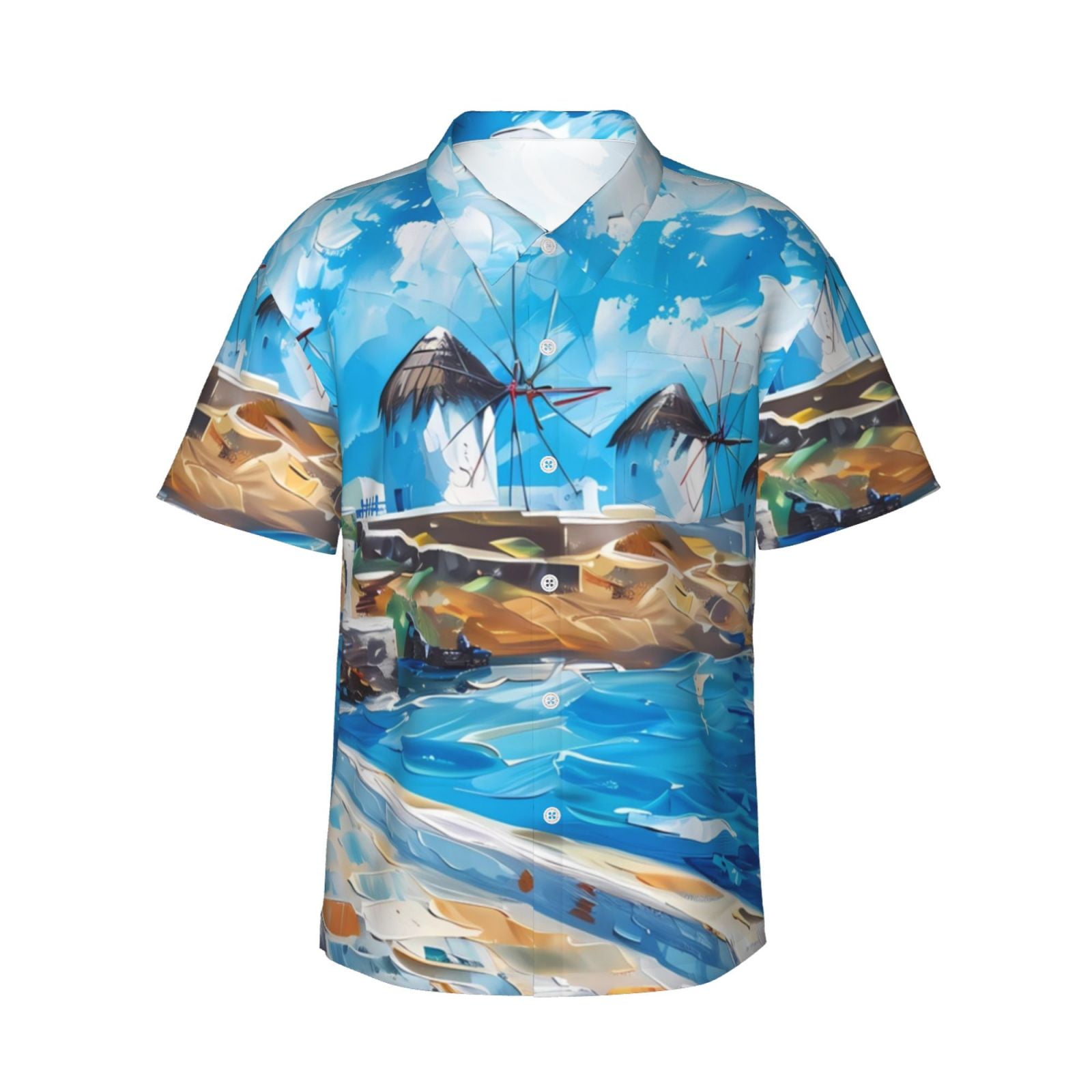 Logiee Greek Island Windmills Painting Print Mens Hawaiian Shirts,Loose-Fit Short Sleeve Button Down Tropical Aloha Beach Shirt,Summer Vacation Wedding Tops,